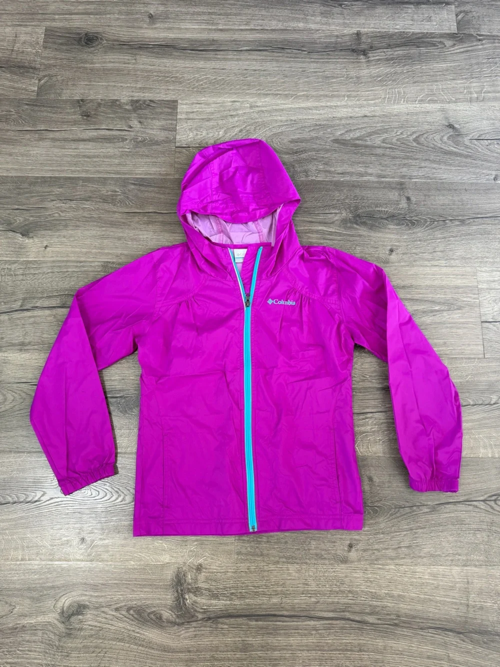Columbia Girls Bright Pink Hooded Rain  Jacket with Teal Zipper
